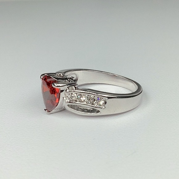 Red CZ Heart Ring With Clear Accent Stones, Silver Color, Size 7, Love - Picture 3 of 6